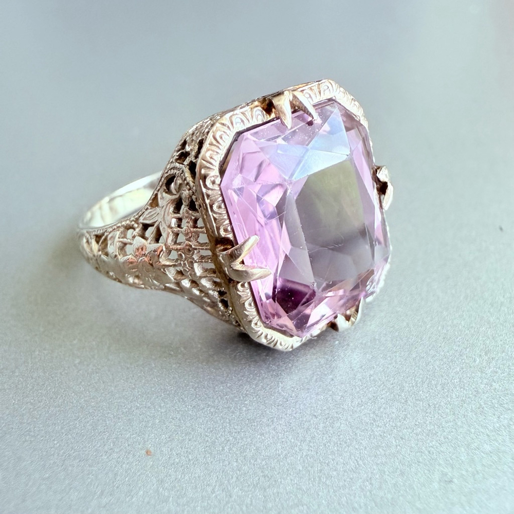 Estate 14K White Gold Antique Art Deco 5 CT Emerald Cut Amethyst Ring - Picture 12 of 13